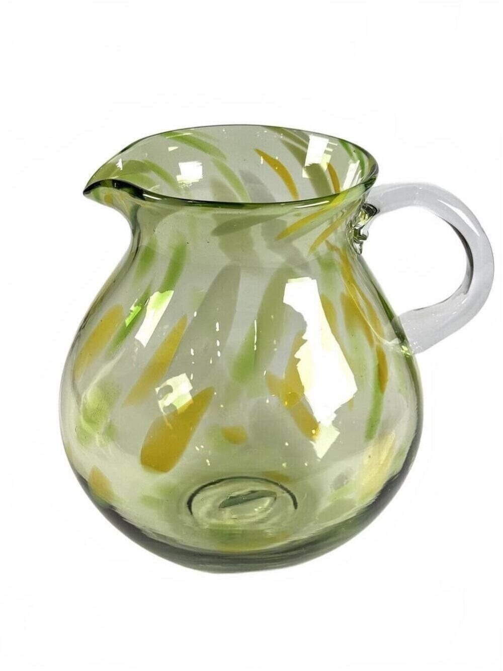 Vintage Hand Blown Green Art Glass Pitcher Jug Yellow Green Confetti Inclusions